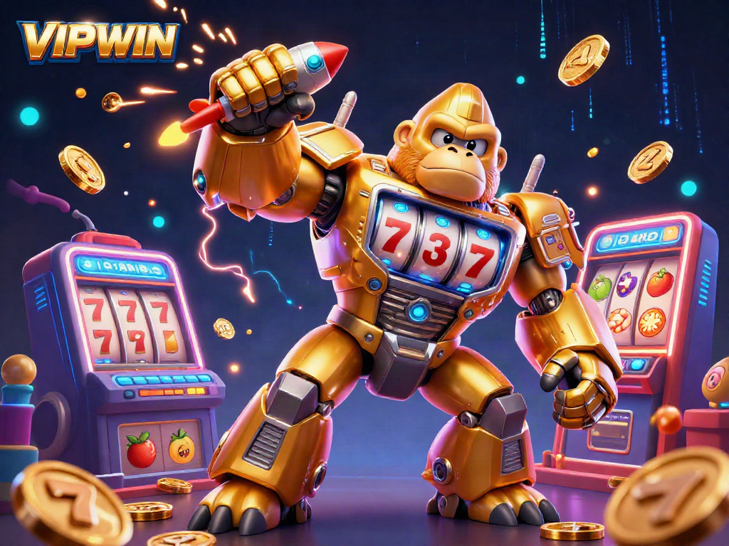 Engage with VIPWIN's thrilling slots experience featuring a golden gorilla mech amidst vibrant game elements.