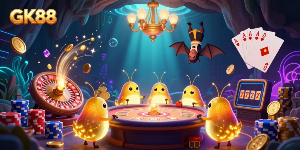 Engage with GK88 gaming excitement as glowworms illuminate a vibrant casino, showcasing dynamic gambling elements.