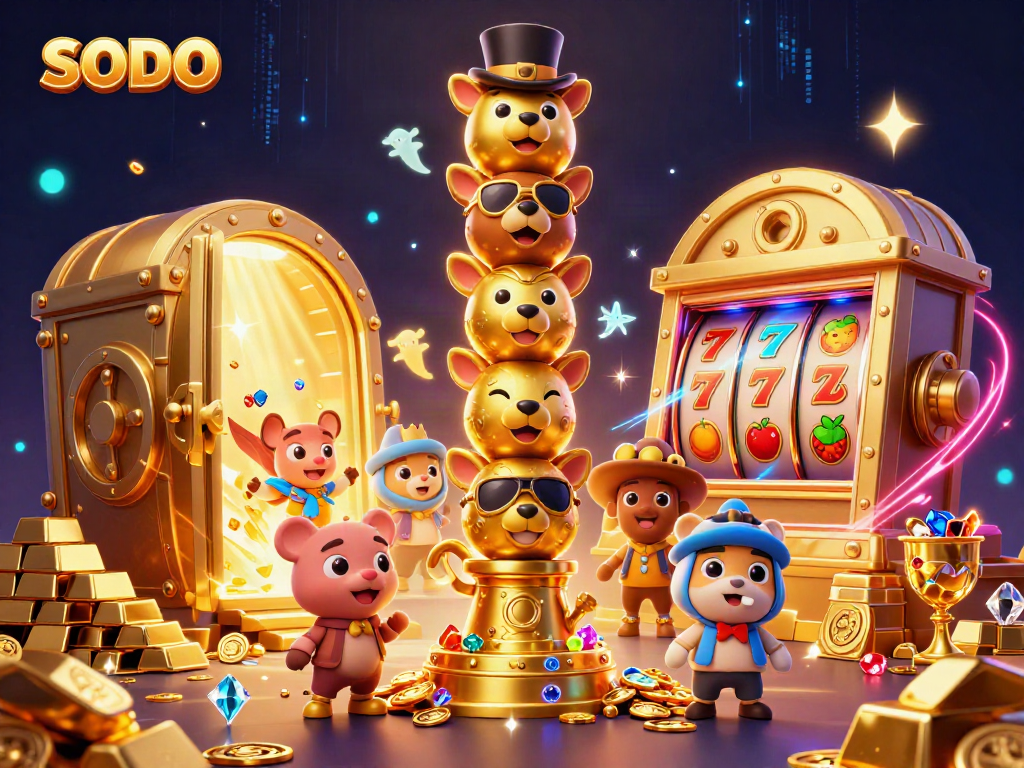 SODO-themed vibrant illustration showcasing a golden totem with casino elements and dynamic slot machine imagery.