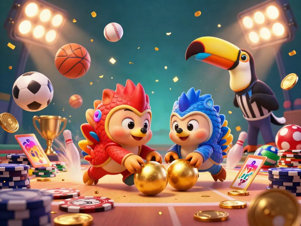 Experience the thrilling action of PG 55 with rival pangolins playing amidst vibrant sports elements in 3D.
