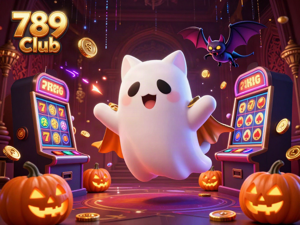 Engage with the thrilling 789 Club featuring a ghost cat amid a vibrant casino scene with glowing jack-o-lanterns.