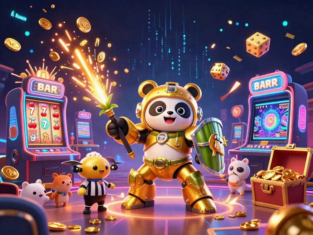 Kuwin themed casino illustration showcasing a golden panda in mech-suit, vibrant slot machines, and dynamic game elements.