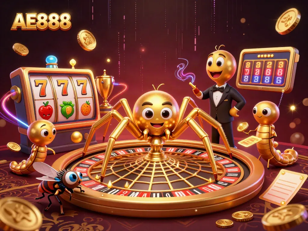 Engage in thrilling gameplay at AE888 with a dynamic casino scene featuring a golden spider, croupier, and rich game elements.