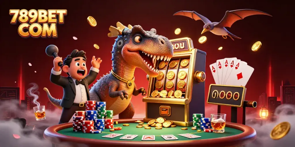 Experience thrilling slots gameplay with a dynamic scene featuring 789BET COM, showcasing playful dinosaurs, golden coins, and vibrant casino elements.