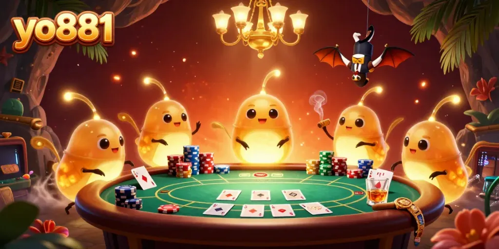 Experience exhilarating gameplay at yo881 with vibrant casino scenes featuring glowworms and a bat dealer.