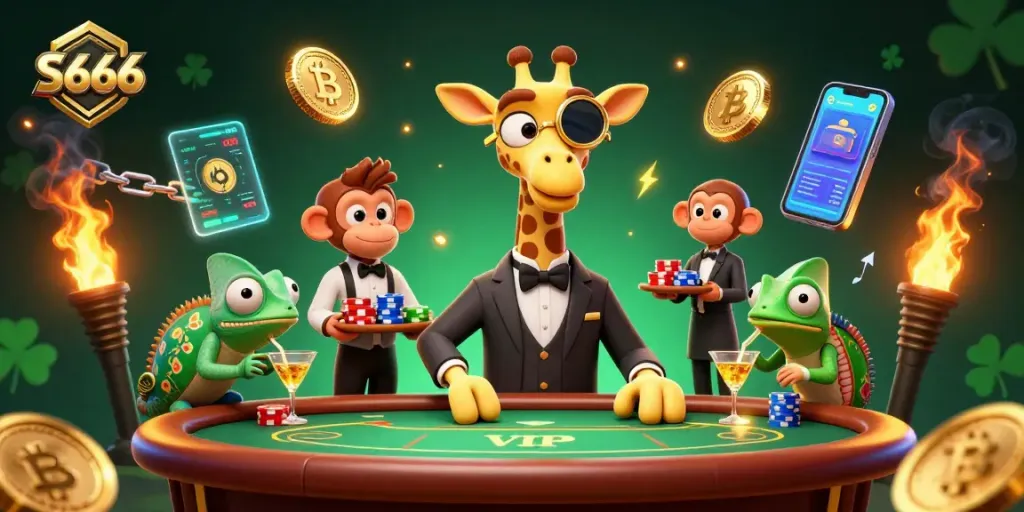 S666 high-roller giraffe at a VIP poker table, with crypto elements and vibrant casino vibes