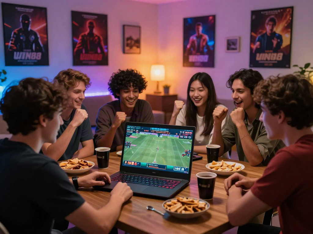 Exciting online betting experience on https://vin88.team/ with friends celebrating a win in a cozy living room.