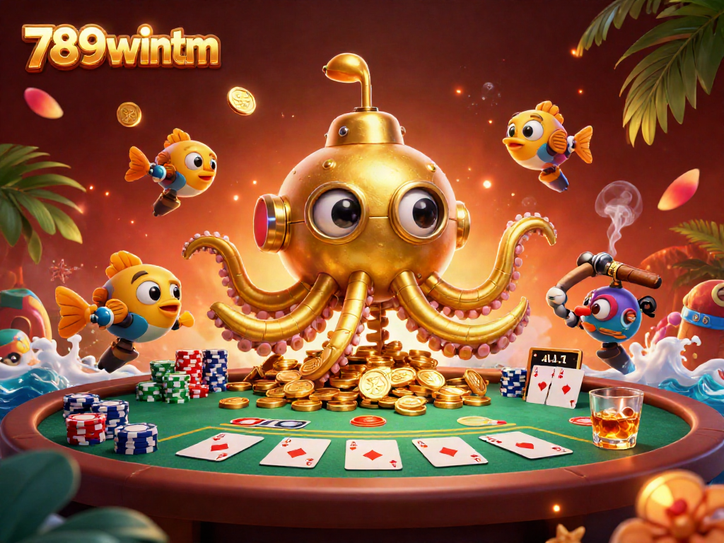 Engage with 789wintm in this immersive scene featuring a kraken submarine amidst golden coins and poker elements.