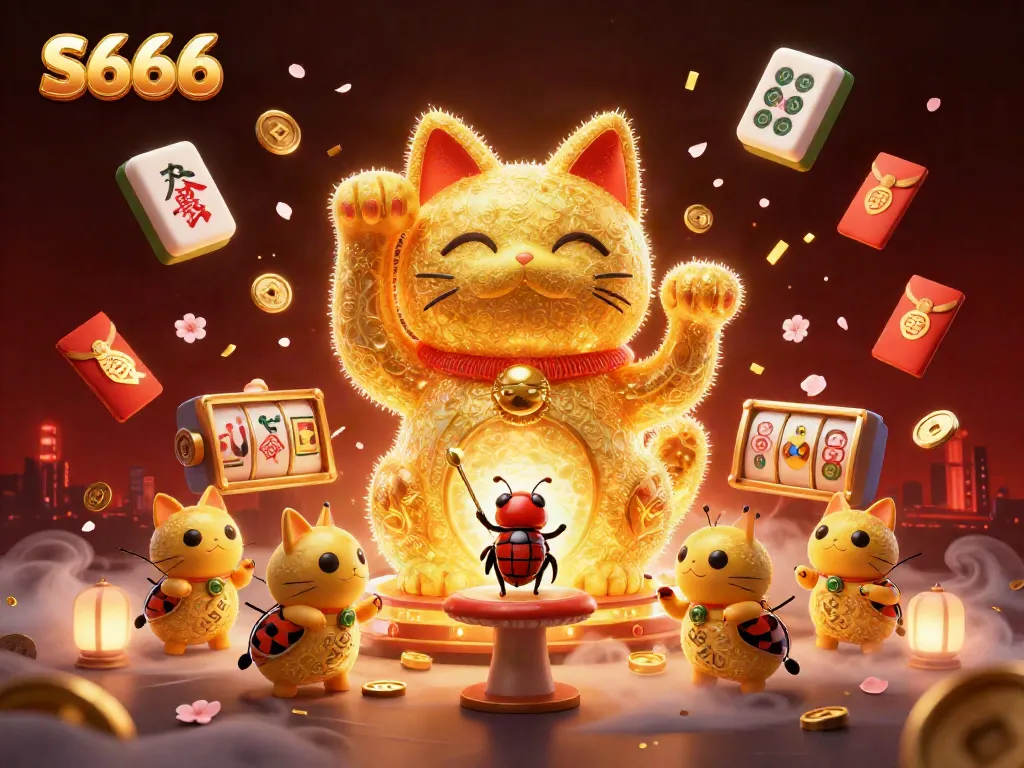 Experience thrilling slots and fortune at S666 with vibrant lucky cat and gaming elements