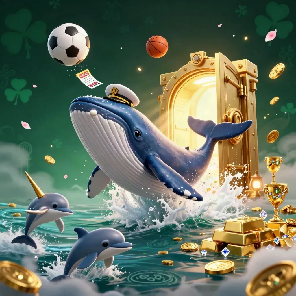 Whale captain, narwhal and dolphins burst through coins with treasure and sports props.