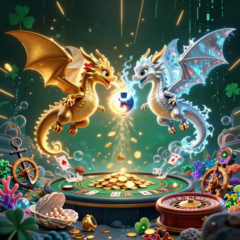 Gold and silver dragons spiral above treasure cove lights, cards, coral, and casino elements.