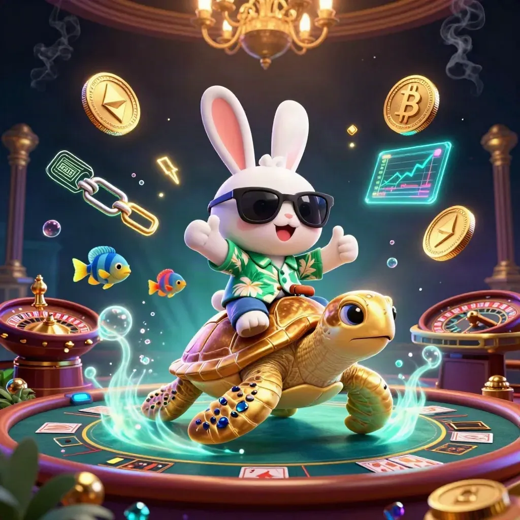 Lucky rabbit rides a golden sea turtle through a neon casino fantasy with coins, wheel and cards.