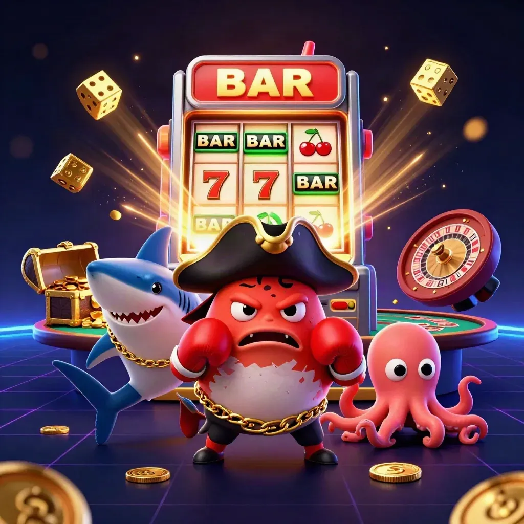 Pirate shark, boxing pufferfish and coin-juggling octopus in a neon casino splash scene.