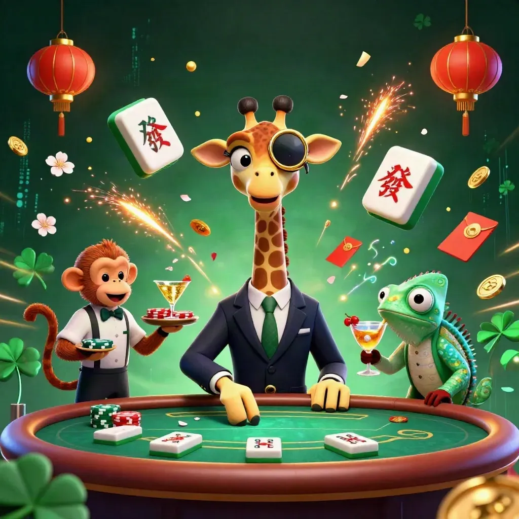 Giraffe VIP table with monkey valet and chameleon bartender amid casino gold bursts.
