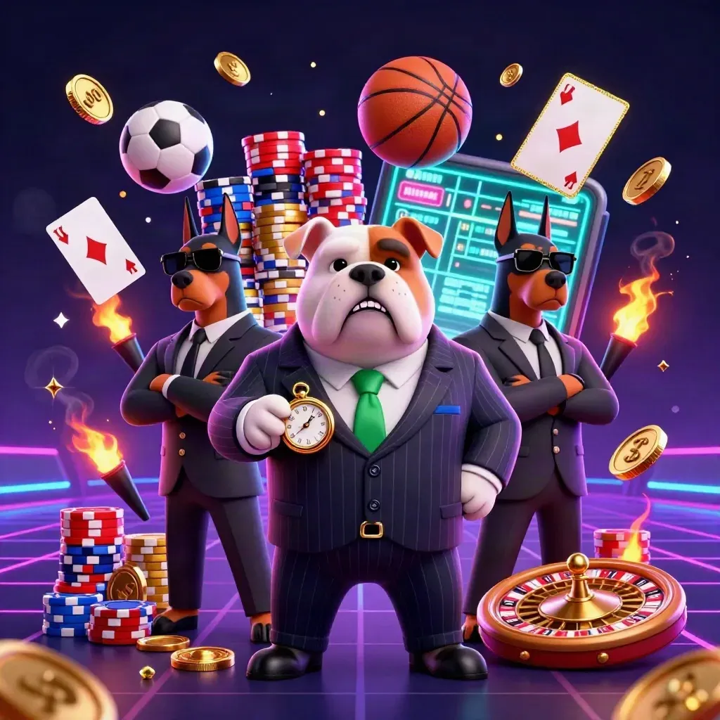 Cartoon bulldog boss and two Dobermans amid coins, chips, cards, roulette wheel, and fireworks.