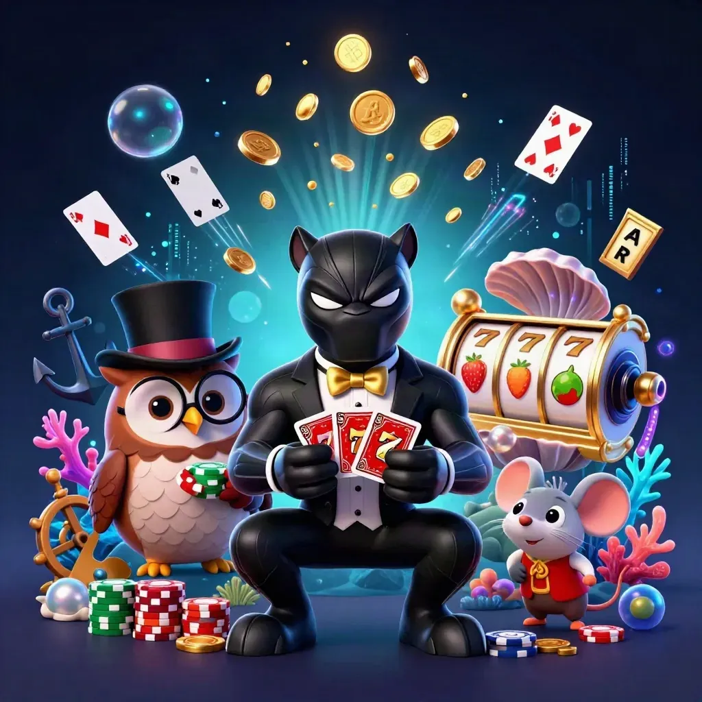 Panther, owl, and mouse gambling in a glowing underwater treasure cove.
