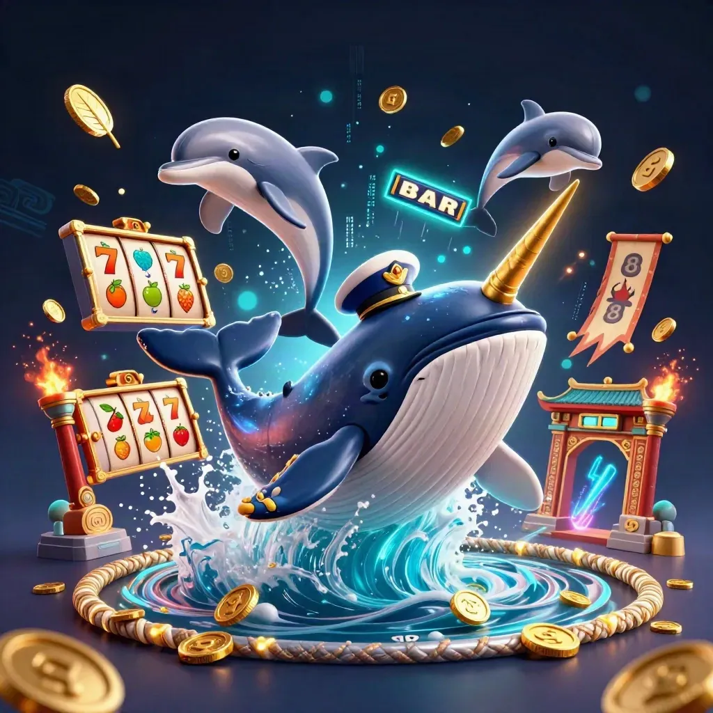 Whale captain, narwhal, and dolphins burst through coins amid casino relics and glowing effects.