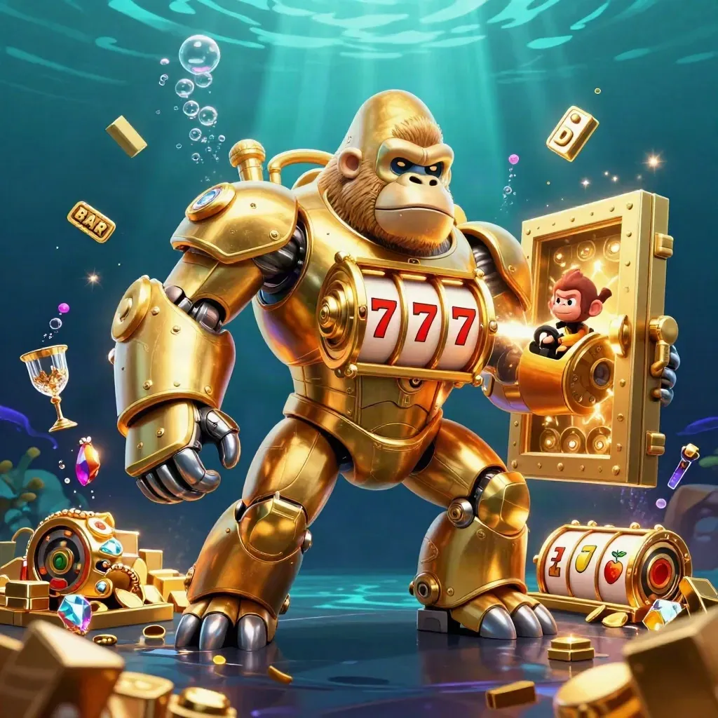 Golden gorilla mech with tiny monkey pilot bursting from a treasure vault underwater.
