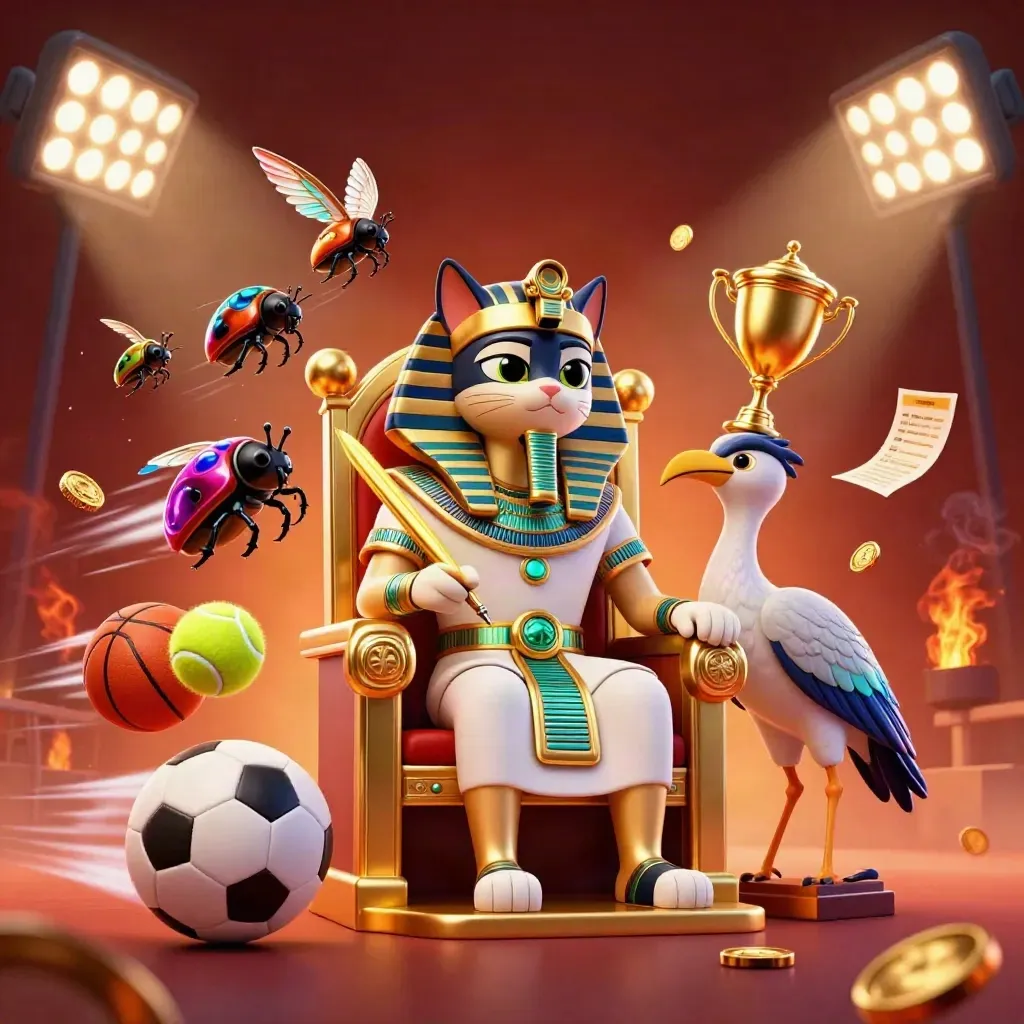 Pharaoh cat on throne with ibis scribe, scarabs, sports balls, trophy, sparks, and coins.