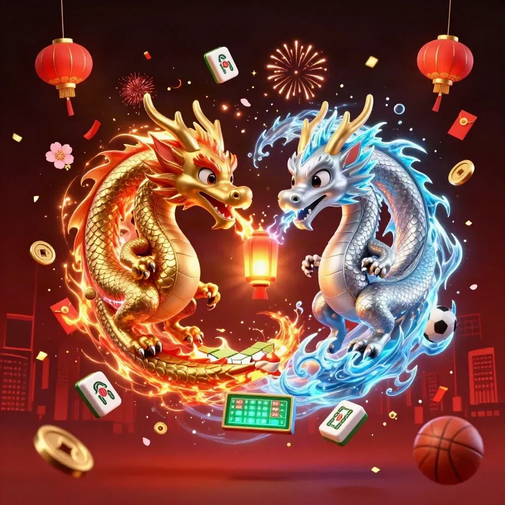 Twin gold and silver dragons spiral with casino tokens, fireworks, and lucky symbols in a dark neon sky.