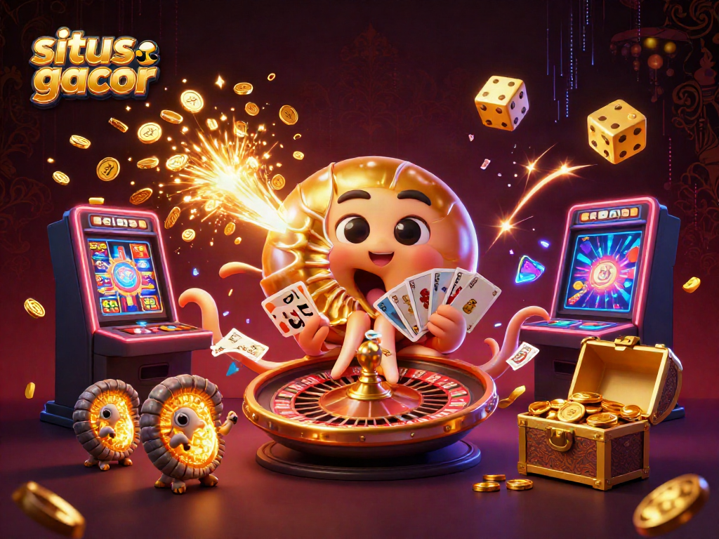 Experience the thrill of situs slot gacor with a vibrant 3D casino scene featuring a nautilus roulette wheel, jackpot slots, and glowing symbols.