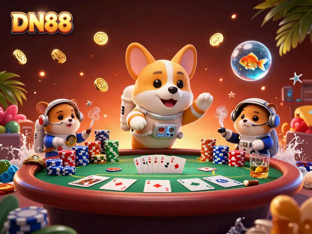 Engage with the exciting world of DN88, featuring a corgi in a space station casino surrounded by poker elements.