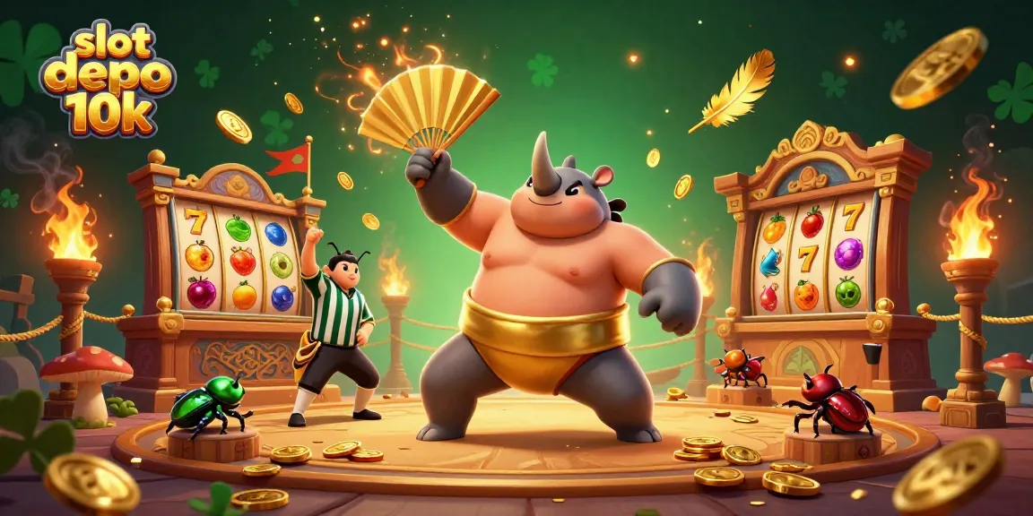 Engage with slot depo 10k through a thrilling 3D cartoon scene featuring a powerful beetle and gambling elements.