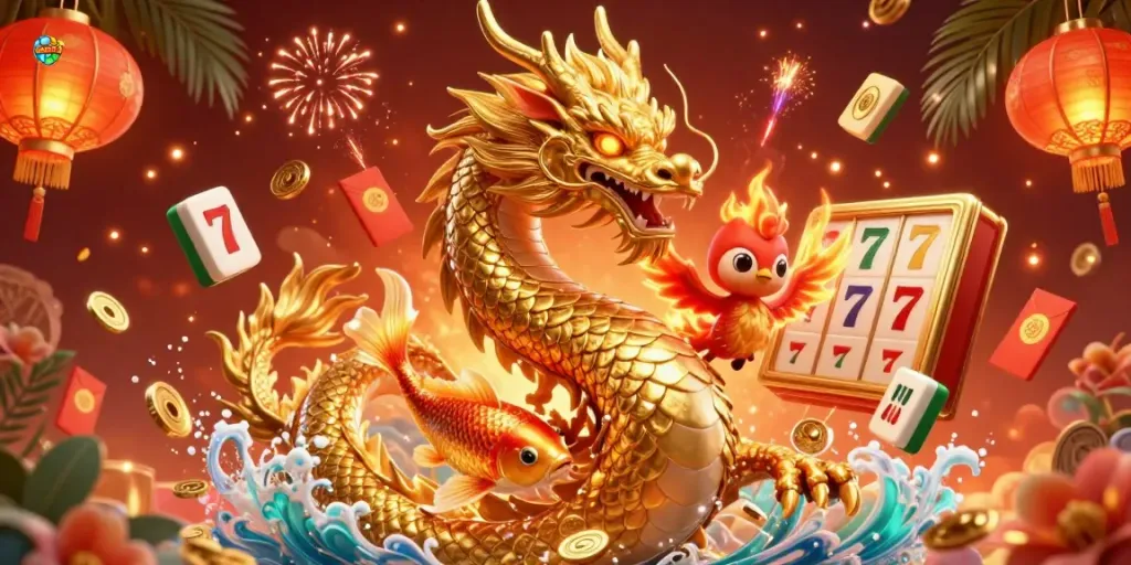 Engage in thrilling gameplay at luxury138 with a golden dragon, red phoenix, and koi fish amidst slot machines.