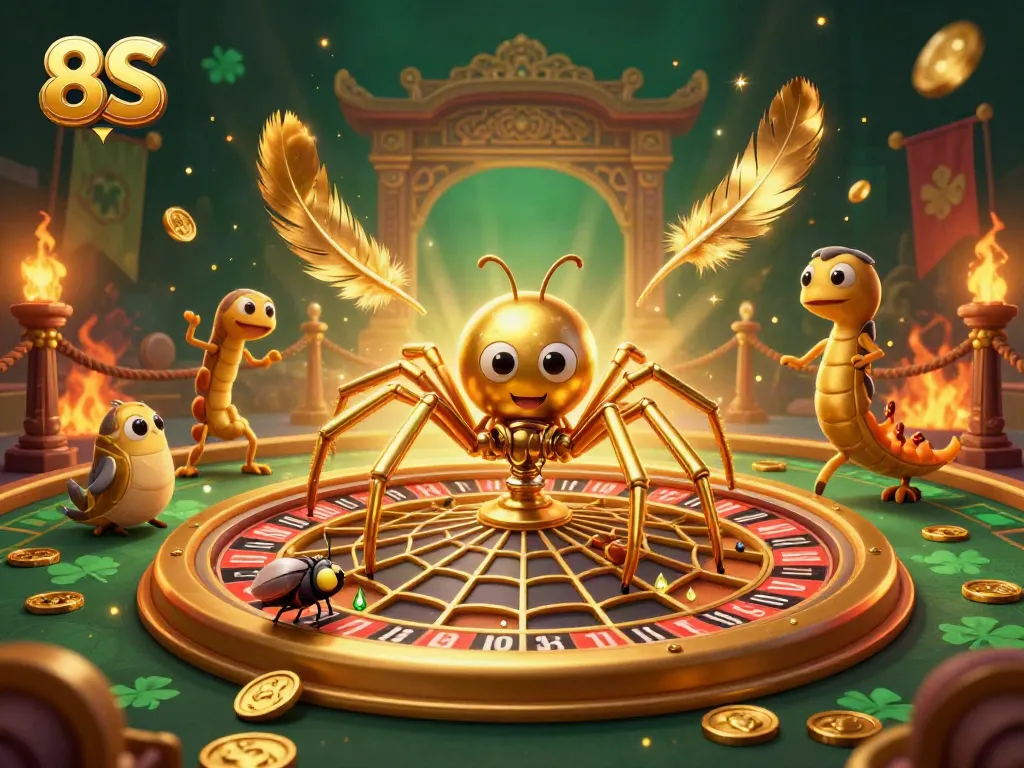 Experience thrilling roulette action at 8S with a giant golden web and engaging characters.