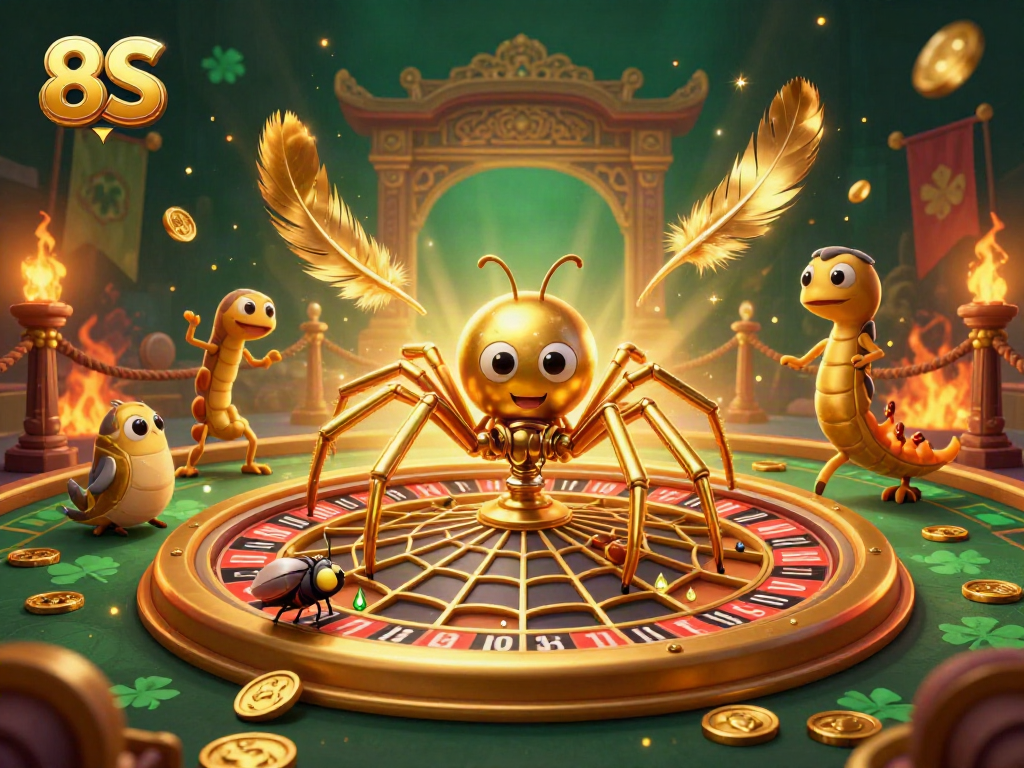 Experience thrilling roulette action at 8S with a giant golden web and engaging characters.