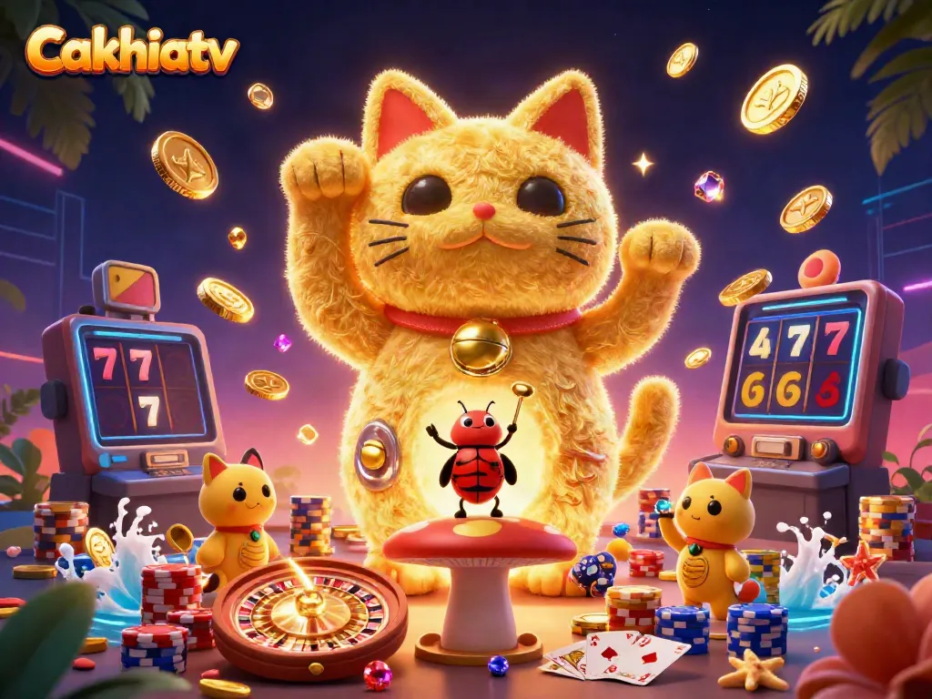 Engage with Cakhiatv's vibrant casino scene featuring a lucky cat, dynamic gambling elements, and playful light effects.