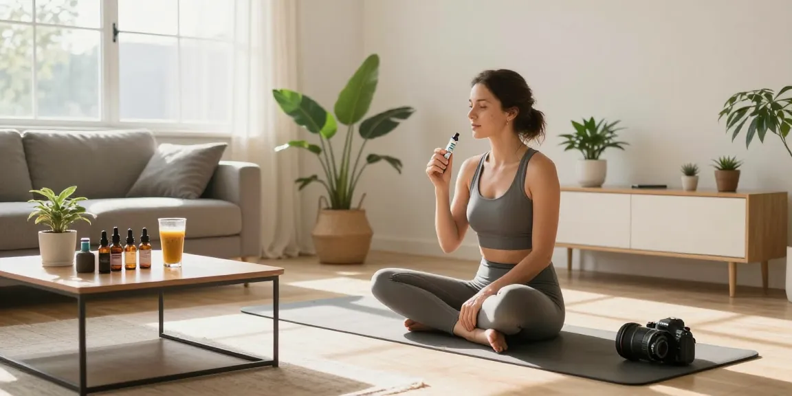 thc vapes uk showcased in a vibrant wellness scene with CBD oil, yoga mat, and natural light.