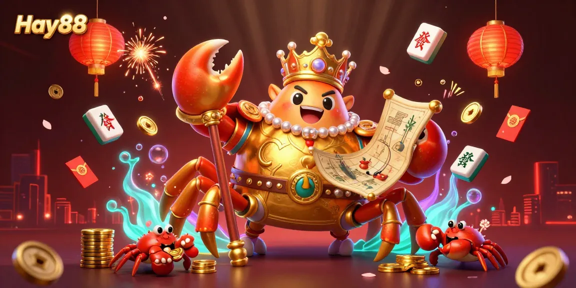 Experience thrilling gaming adventures with Hay88 featuring a golden crab emperor amidst exciting casino elements.
