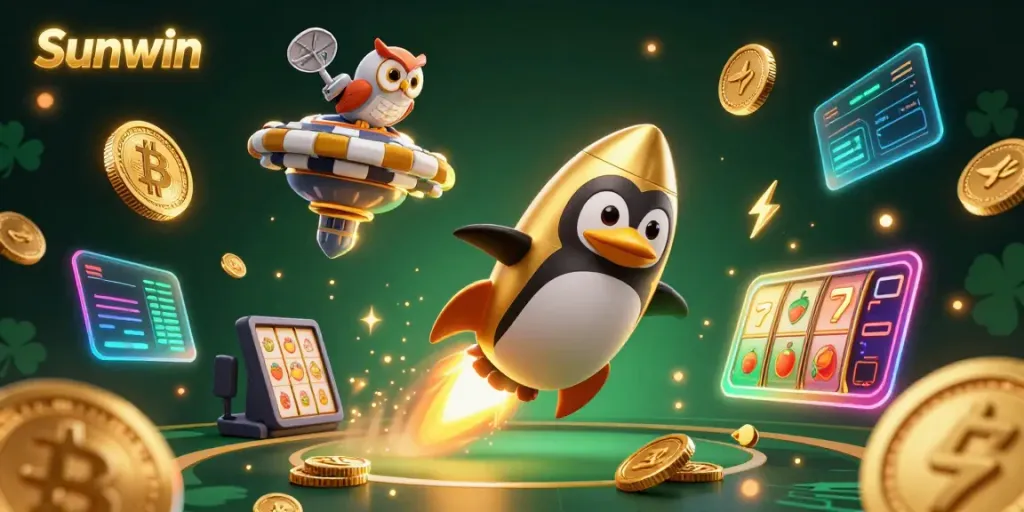 Experience the thrilling adventure of Sunwin with a golden penguin zooming toward a poker chip casino in space.