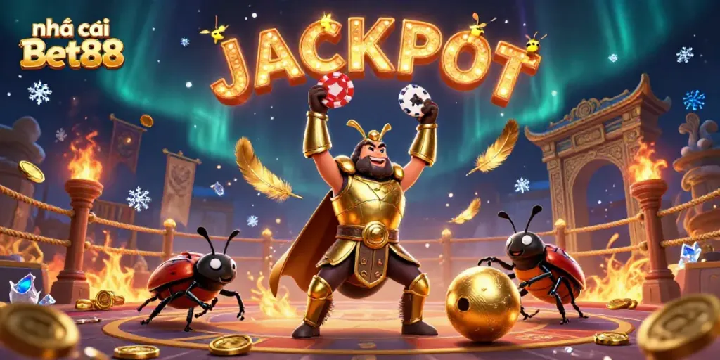 Experience the thrill with Nhà cái Bet88, featuring a hercules beetle in golden armor at a lively casino.
