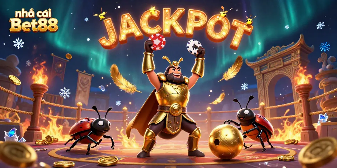 Experience the thrill with Nhà cái Bet88, featuring a hercules beetle in golden armor at a lively casino.