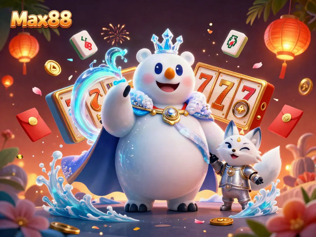 Experience the excitement of gaming at Max88 with a vibrant 3D illustration featuring a polar bear king and a silver snow fox amidst slot symbols and joyous decorations.