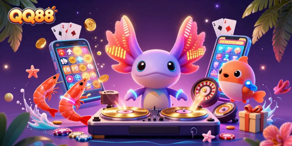 Engage with QQ88's vibrant casino world featuring an axolotl DJ and exciting gaming elements.