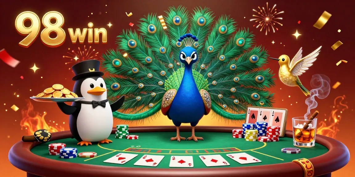 Engage in winning strategies at 98 win's vibrant casino scene with colorful poker elements.