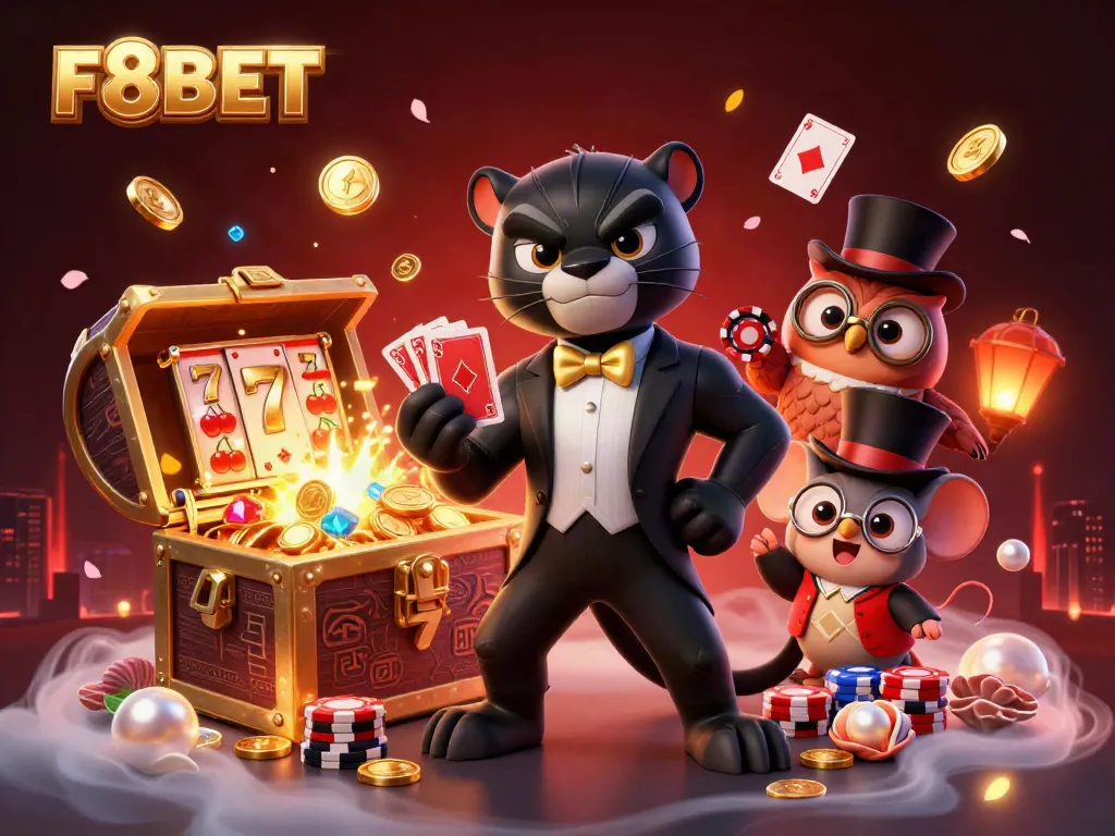 Engage with F8BET's thrilling casino experience featuring a stylish panther dealer and playful characters.