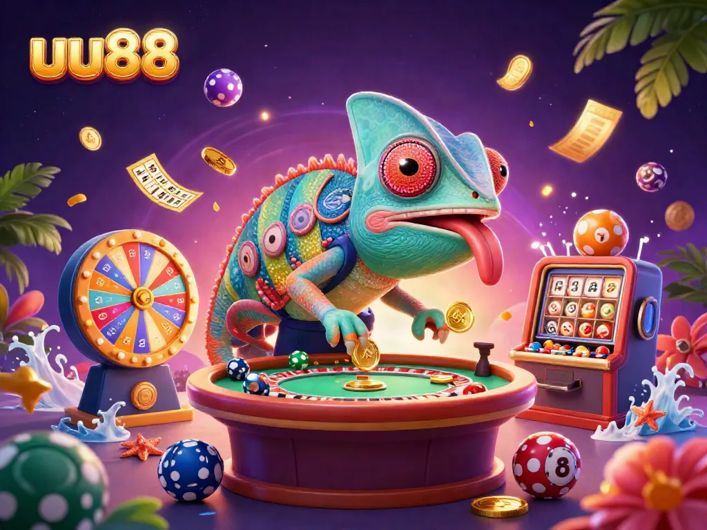Engage in thrilling gaming with uu88 chameleon casino owner amidst colorful lottery and prize elements.
