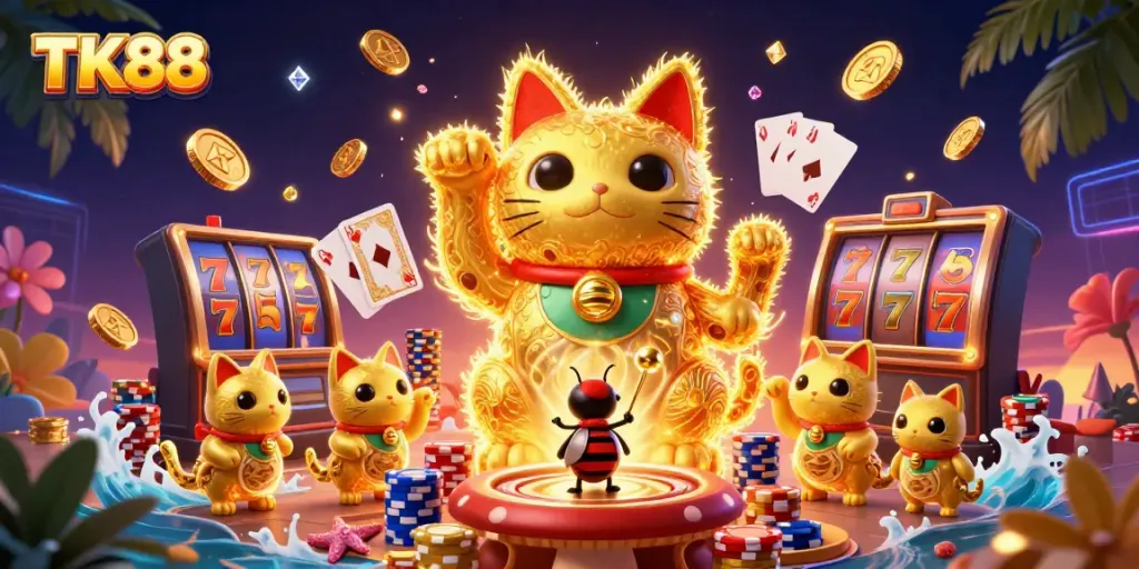 Engage with TK88's thrilling slot game experiences through vibrant and dynamic casino-themed illustration.