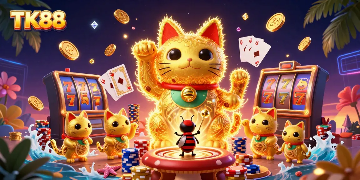 Engage with TK88's thrilling slot game experiences through vibrant and dynamic casino-themed illustration.