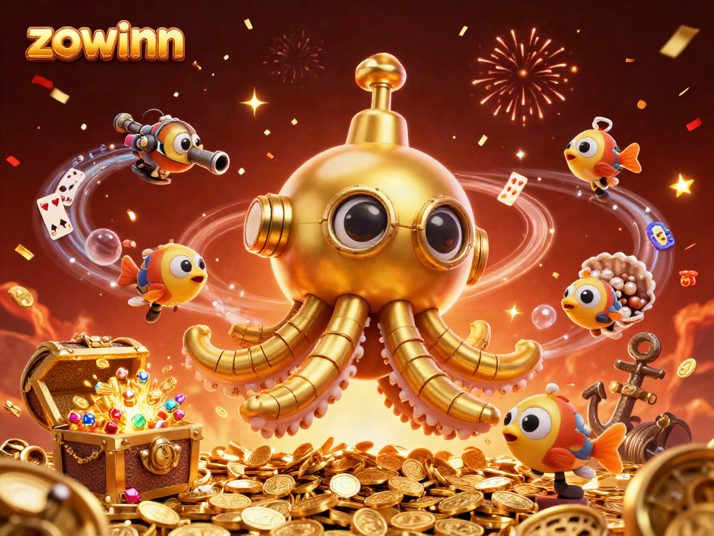 Experience exhilarating gaming at Zowinn with a dynamic underwater scene featuring golden treasures and vibrant casino elements.