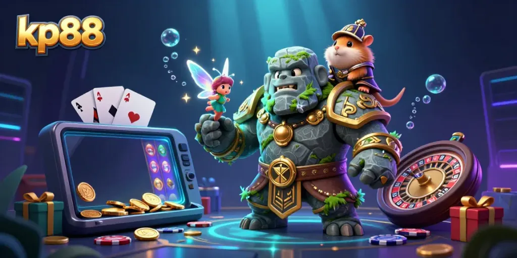 Experience thrilling gameplay at kp88 with an enchanting scene featuring a magical golem, fairy, and knight amidst dynamic slot games.