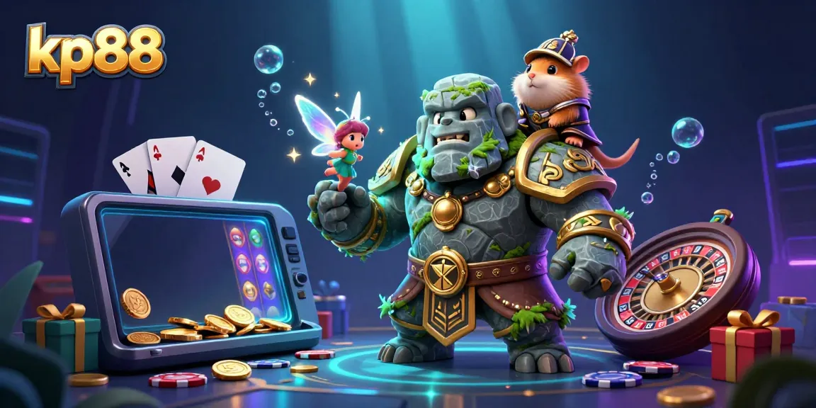 Experience thrilling gameplay at kp88 with an enchanting scene featuring a magical golem, fairy, and knight amidst dynamic slot games.