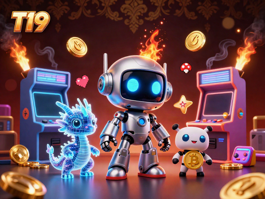 Engage with T19 game features through vibrant, dynamic casino-themed 3D illustration.