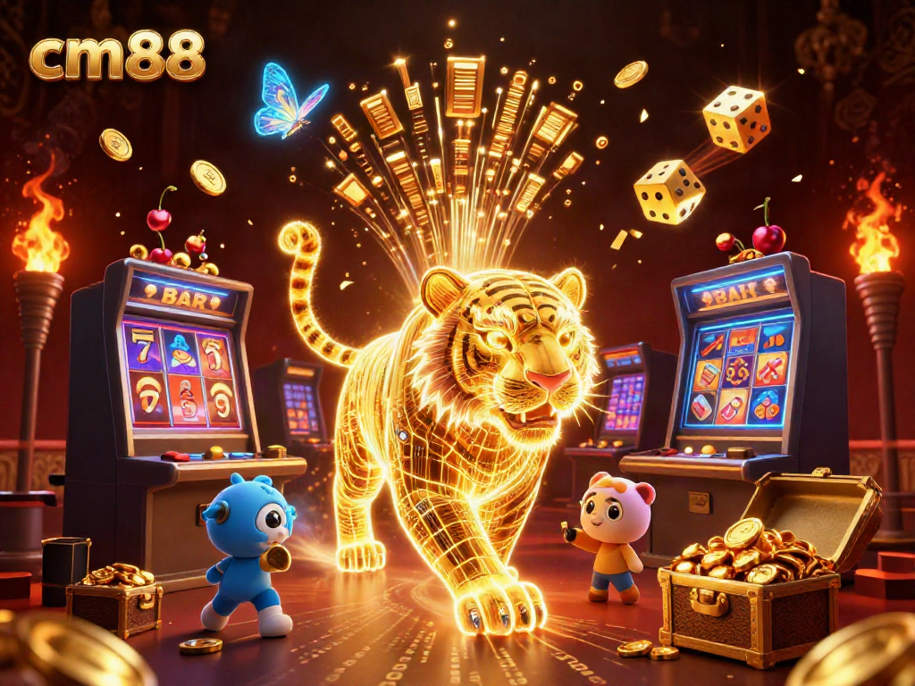 Experience the excitement of cm88 with a vibrant casino scene showcasing a golden tiger and jackpot elements.