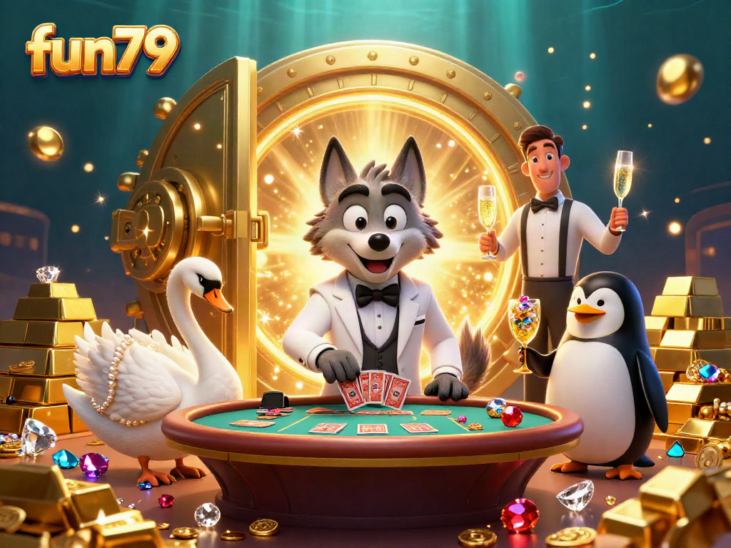 Experience fun79 with a captivating scene featuring a debonair wolf, elegant swan, and sophisticated penguin in a lavish casino atmosphere.