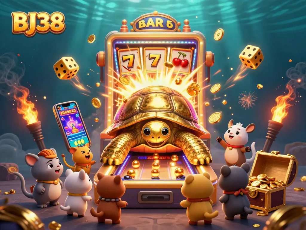 BJ38 golden tortoise pinball machine in vibrant casino scene with jackpot explosion and excited players